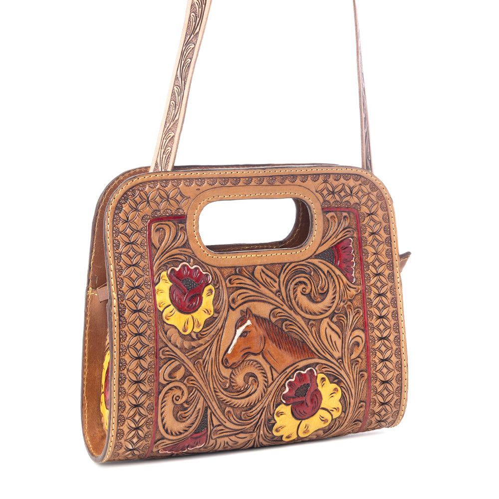 Myra Spirit Bloom Handtooled Leather Bag in Aged Mahogany