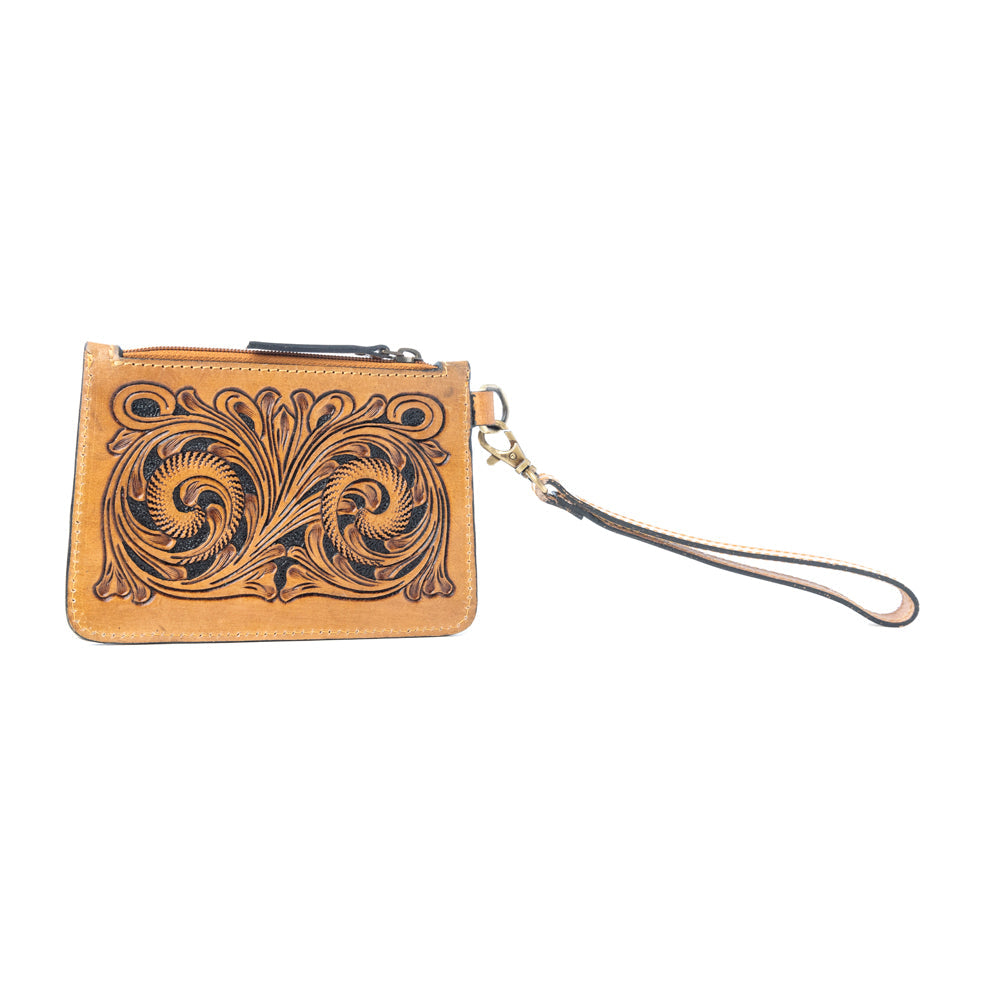 Myra Sierra Scroll Handtooled Card Holder in Bronco Umber
