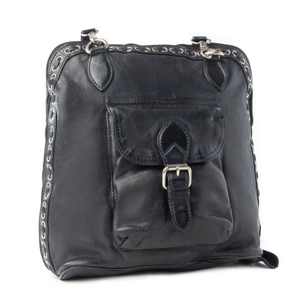 Myra Stormrider Buckled Genuine Leather Bag in Shadow Black
