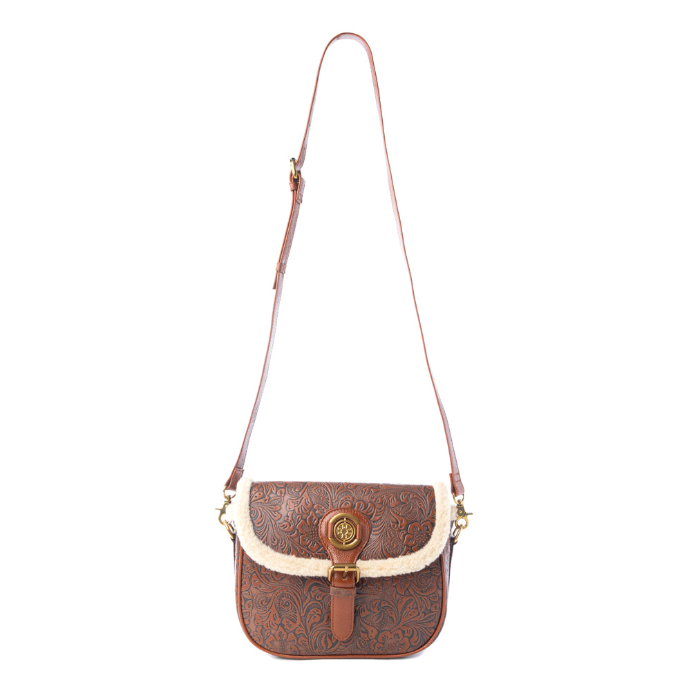 Myra Alpine Rose Embossed Leather Crossbody Bag with Fur Accent in Chestnut Red