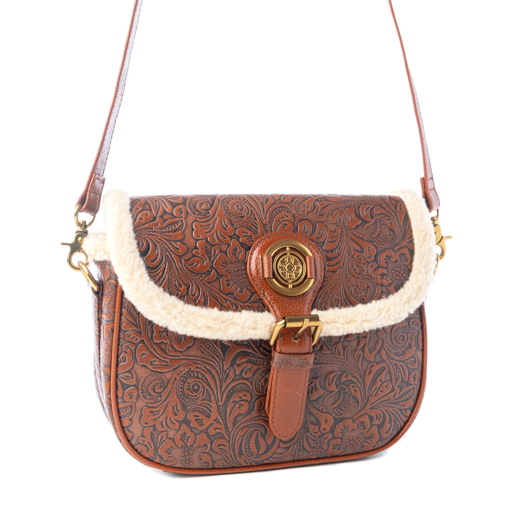 Myra Alpine Rose Embossed Leather Crossbody Bag with Fur Accent in Chestnut Red