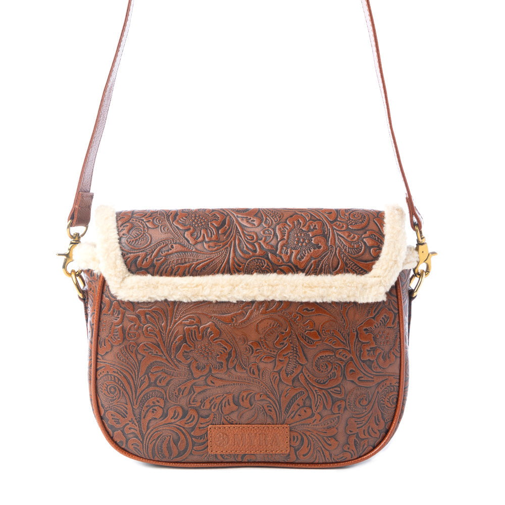 Myra Alpine Rose Embossed Leather Crossbody Bag with Fur Accent in Chestnut Red
