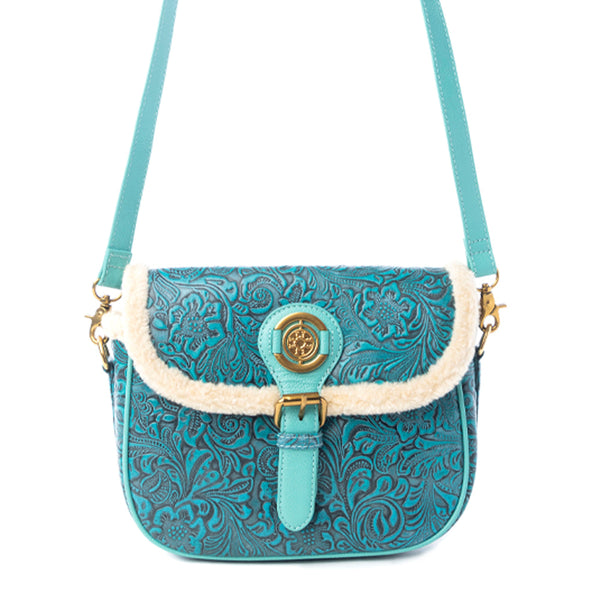 Myra Turquesa Rose Embossed Leather Crossbody Bag with Fur Accent in Cactus Bloom - Myra USA