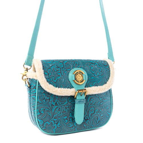Myra Turquesa Rose Embossed Leather Crossbody Bag with Fur Accent in Cactus Bloom - Myra USA