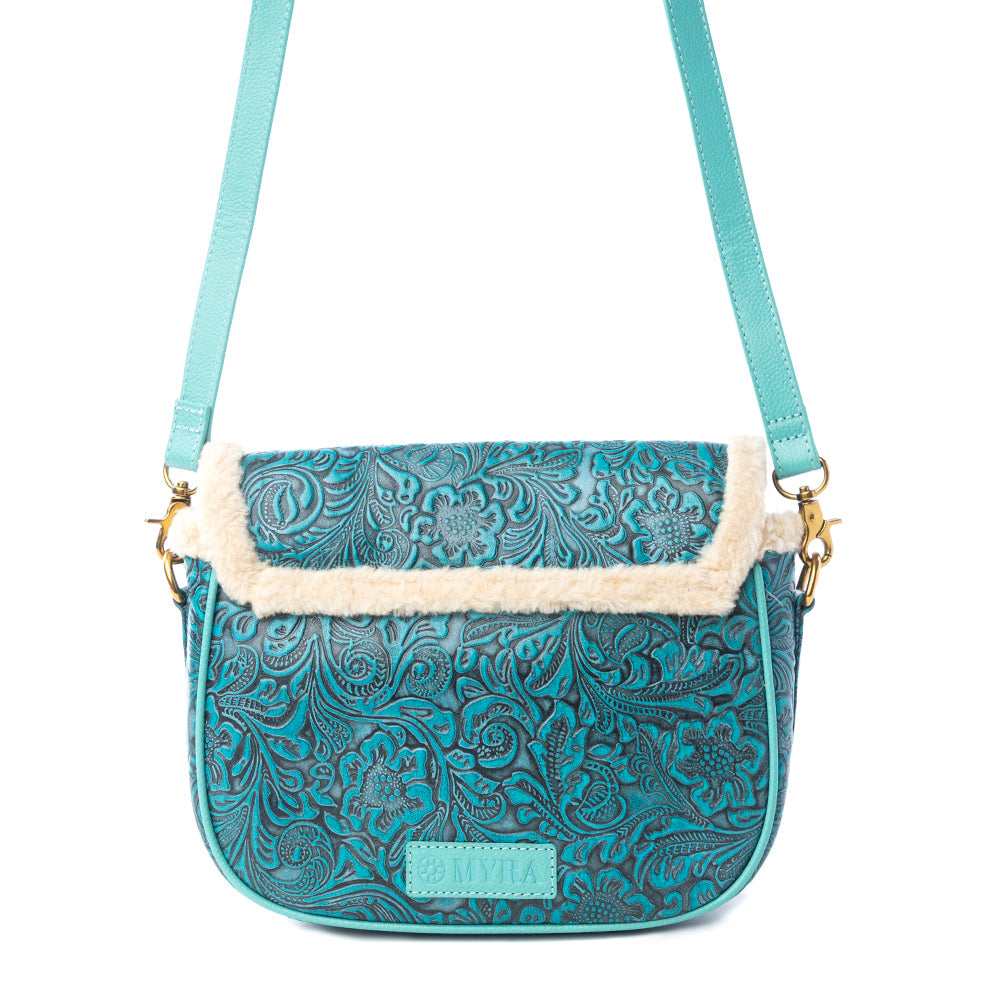 Myra Turquesa Rose Embossed Leather Crossbody Bag with Fur Accent in Cactus Bloom