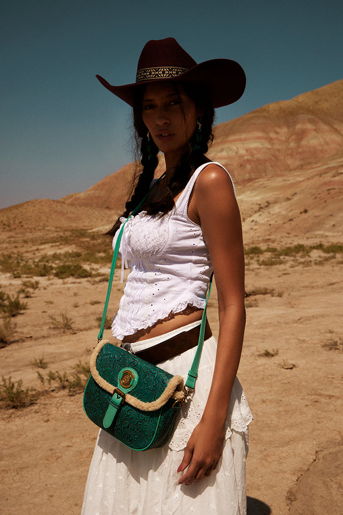 Myra Turquesa Rose Embossed Leather Crossbody Bag with Fur Accent in Cactus Bloom