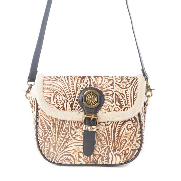 Myra Raven & Dune Embossed Leather Crossbody Bag with Fur Accent in Winter Ivory - Myra USA