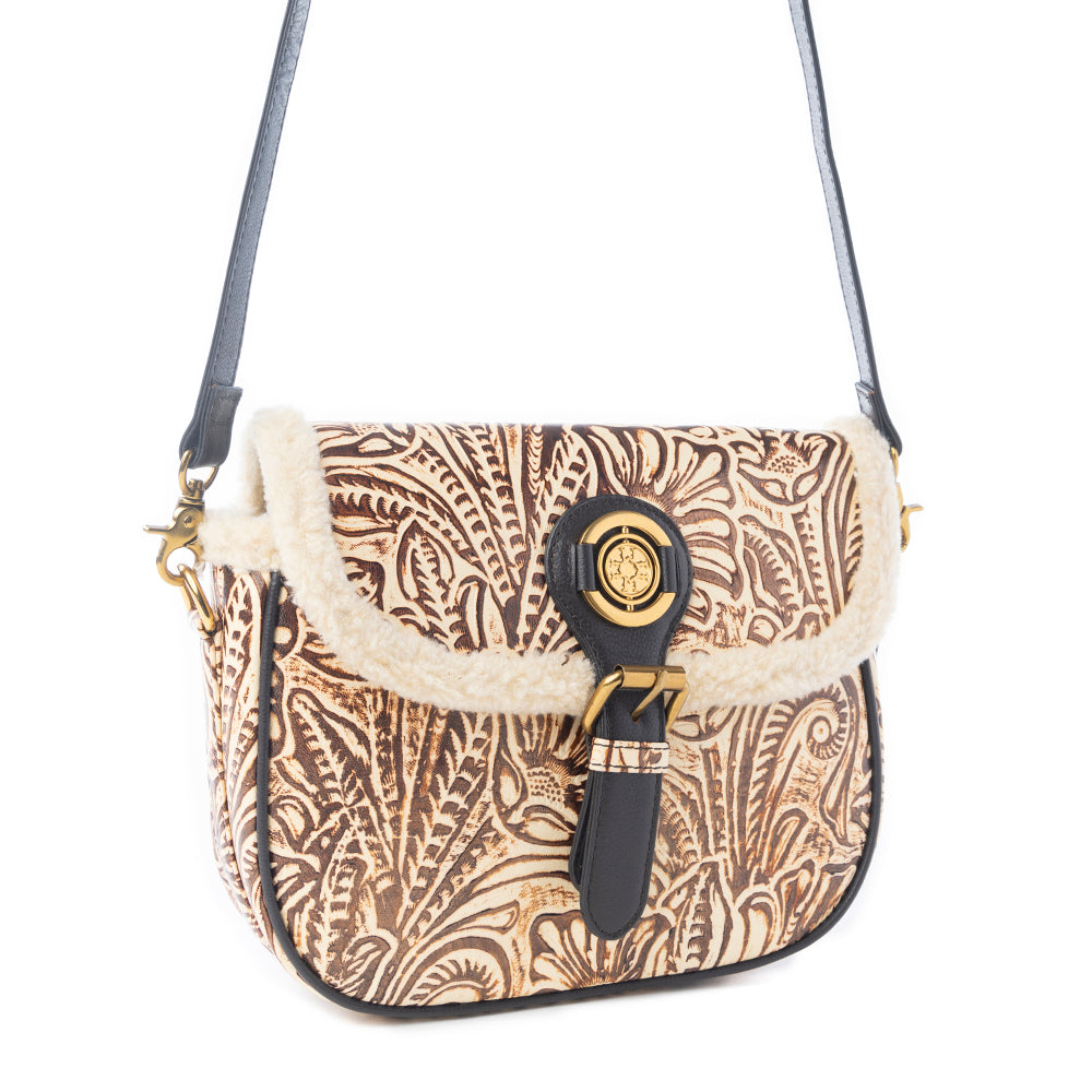 Myra Raven & Dune Embossed Leather Crossbody Bag with Fur Accent in Winter Ivory