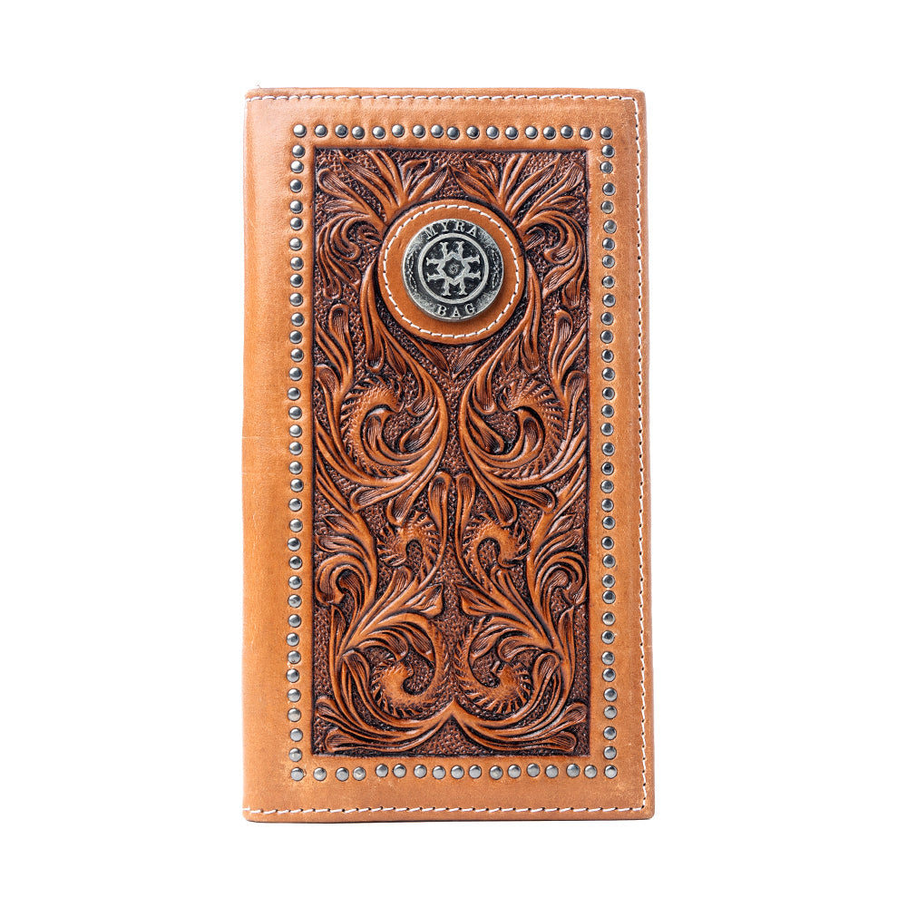 Myra Sheriff’s Crest Handtooled Leather Wallet for Men in Bronco Brown