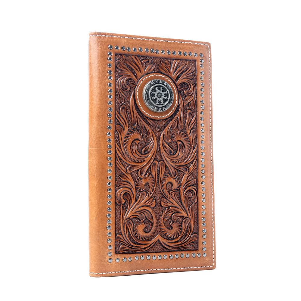 Myra Sheriff’s Crest Handtooled Leather Wallet for Men in Bronco Brown