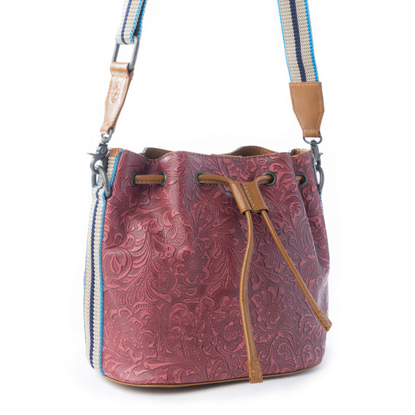 Myra Emberlace Embossed Leather Bucket Bag in Berry Rouge - Myra USA