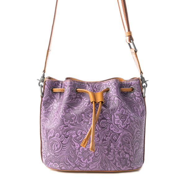 Myra Amara Bloom Embossed Leather Bucket Bag in Mystic Lilac - Myra USA