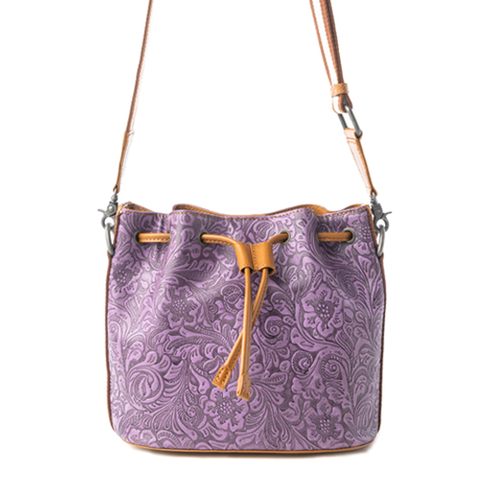 Myra Amara Bloom Embossed Leather Bucket Bag in Mystic Lilac
