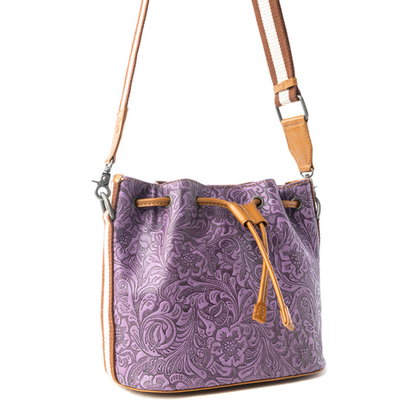 Myra Amara Bloom Embossed Leather Bucket Bag in Mystic Lilac - Myra USA