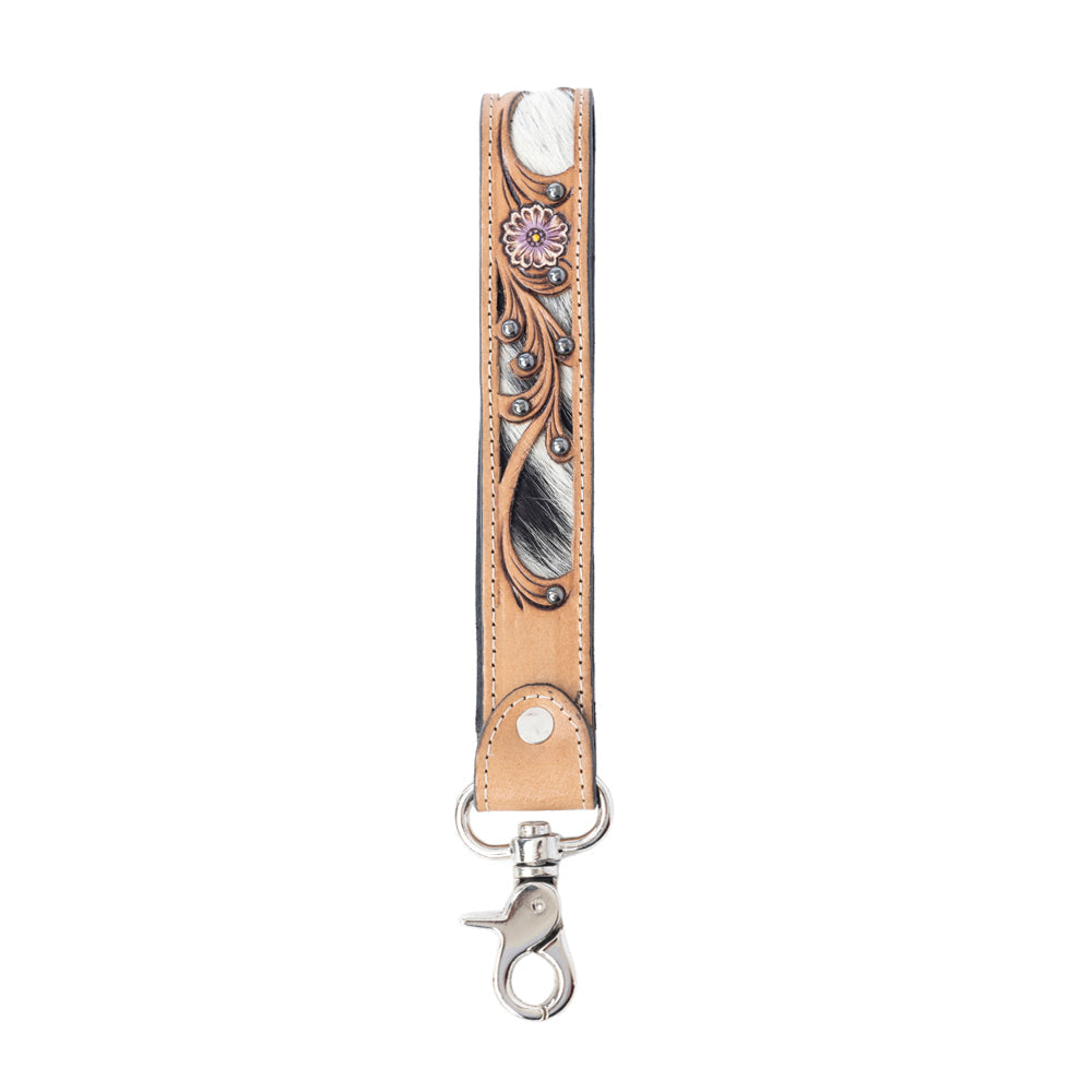 Myra Pasture Petals Handtooled Leather Keyfob in Prairie Sand