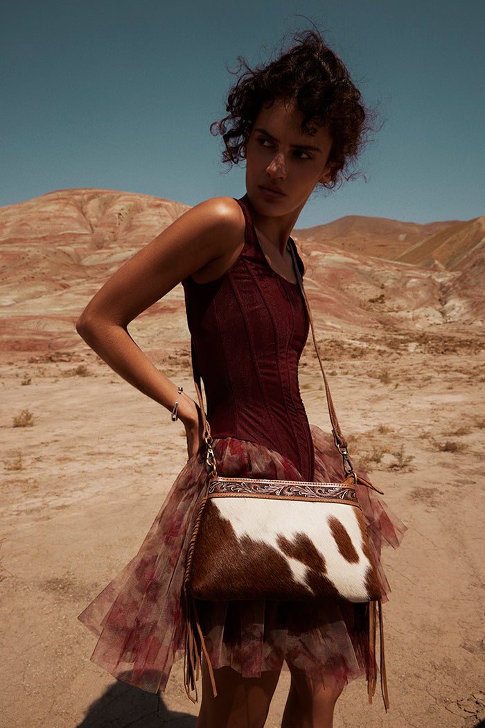 Myra Wild Mirage Hairon Leather Bag with Fringes in Ivory Range