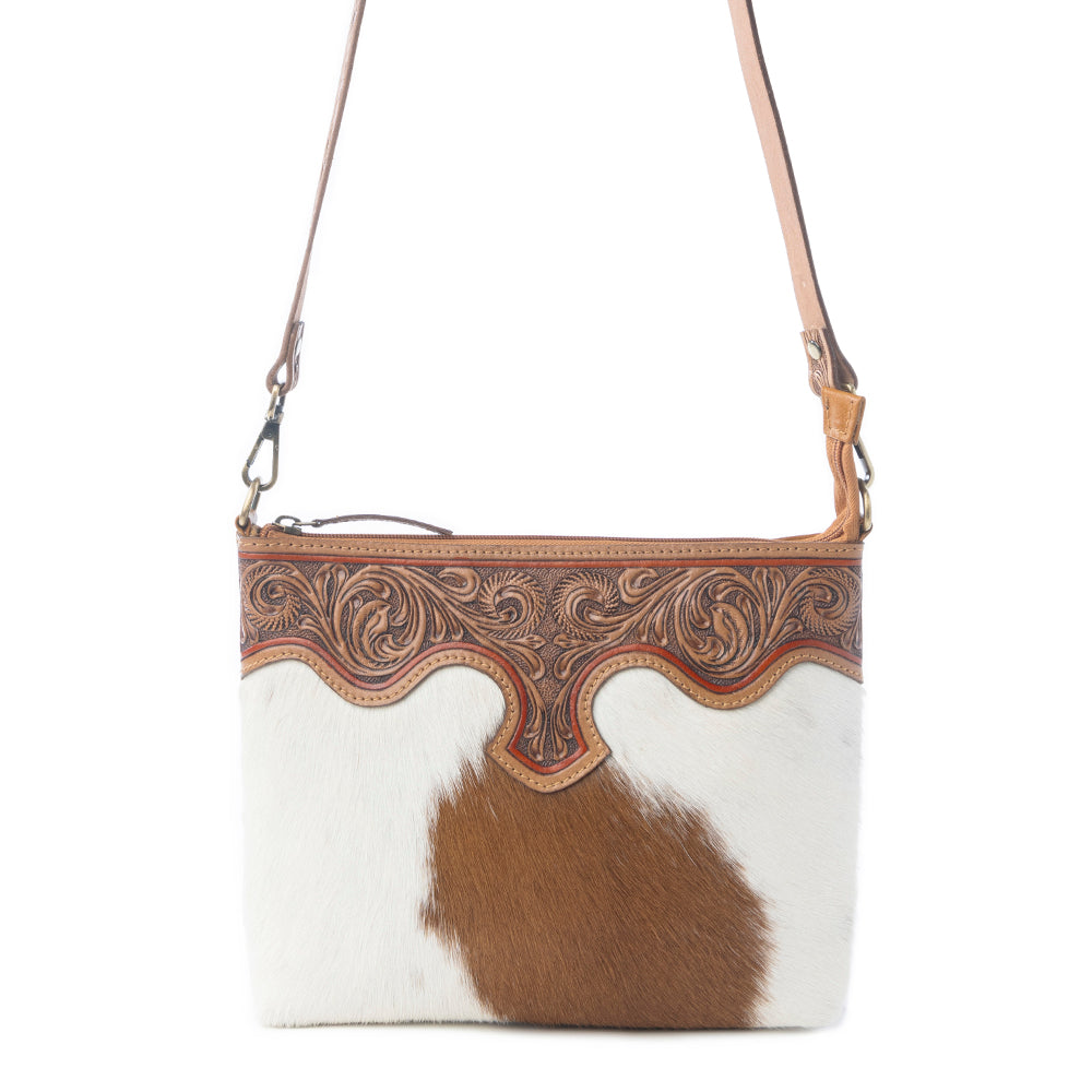 Myra Sienna Grace Handtooled Hairon Leather Bag in Western Copper