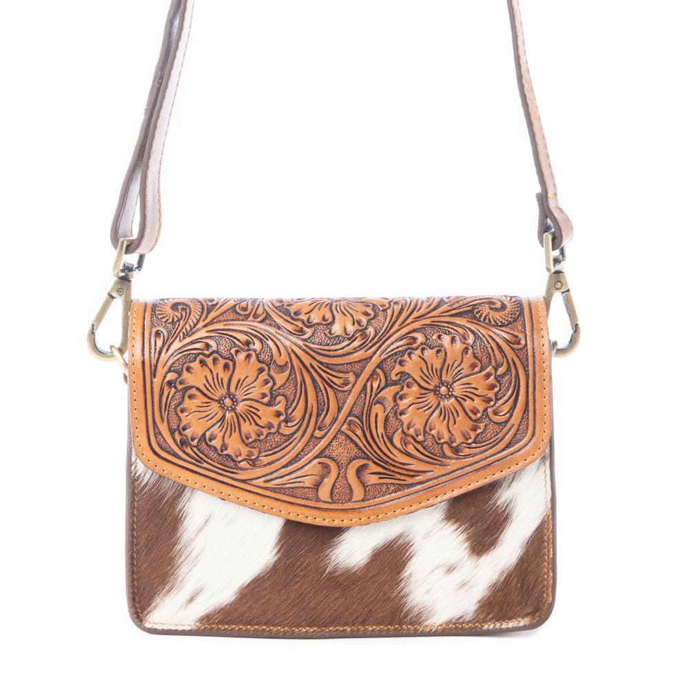 Myra Bridle Blossom Handtooled Hairon Leather Bag in Amber Carve