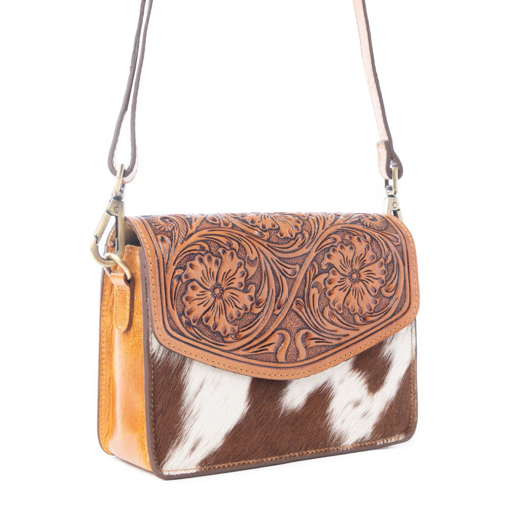 Myra Bridle Blossom Handtooled Hairon Leather Bag in Amber Carve