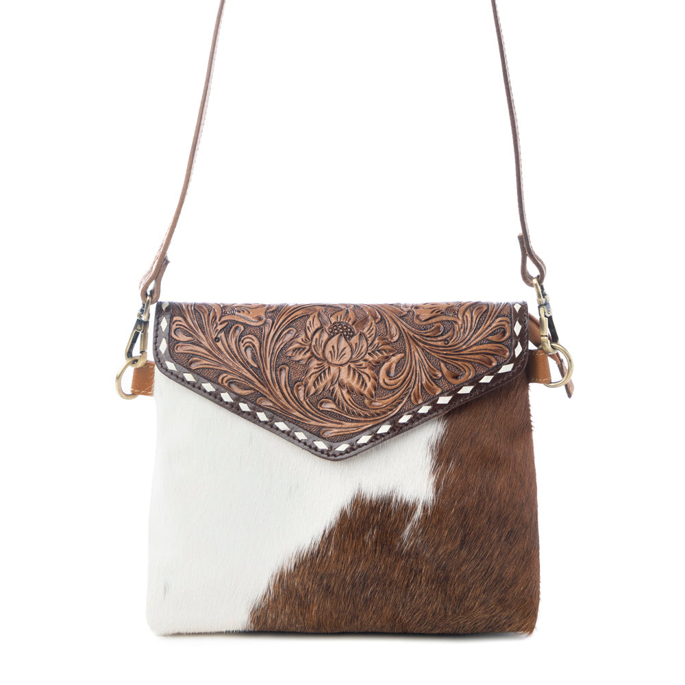 Myra Dune Lily Handtooled Hairon Leather Bag in Snowdrift Hide