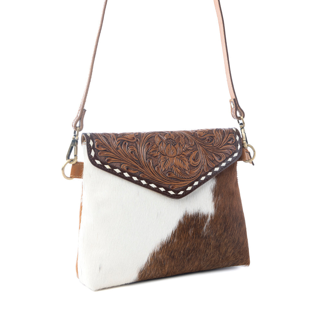 Myra Dune Lily Handtooled Hairon Leather Bag in Snowdrift Hide