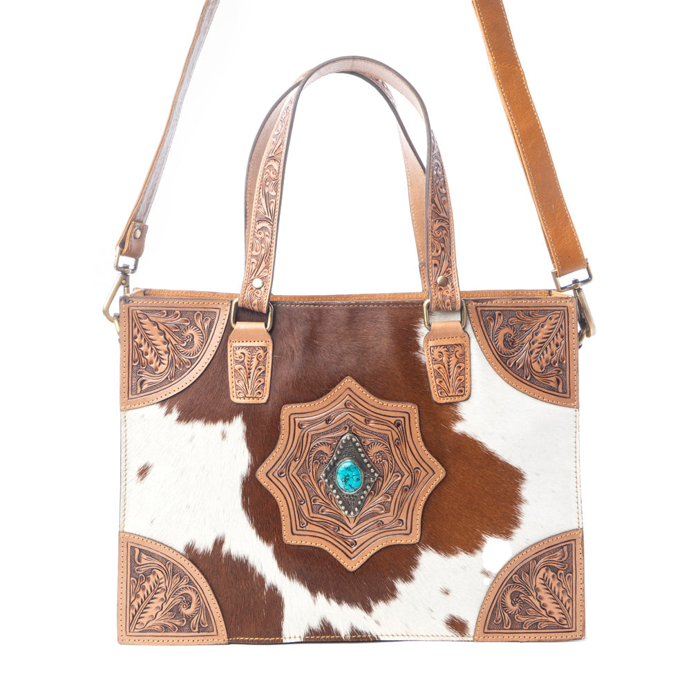 Myra Desert Jewel Handtooled Hairon Leather Concealed Carry Bag in Timber Brown - Myra USA