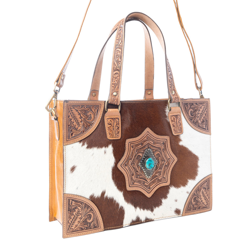 Myra Desert Jewel Handtooled Hairon Leather Concealed Carry Bag in Timber Brown - Myra USA