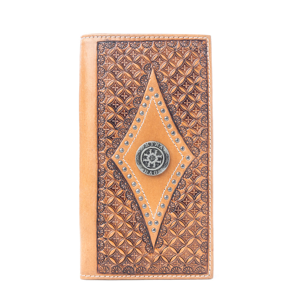 Myra Nomad's Emblem Handtooled Leather Wallet for Men in Walnut Emboss