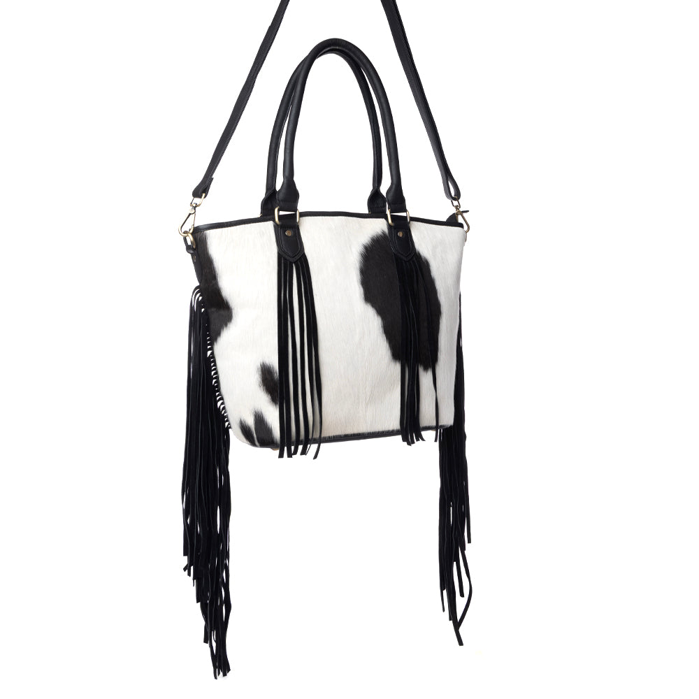 Myra High Plains Hairon Leather Concealed Fringe Carry Bag in Ebony Bone - Myra USA
