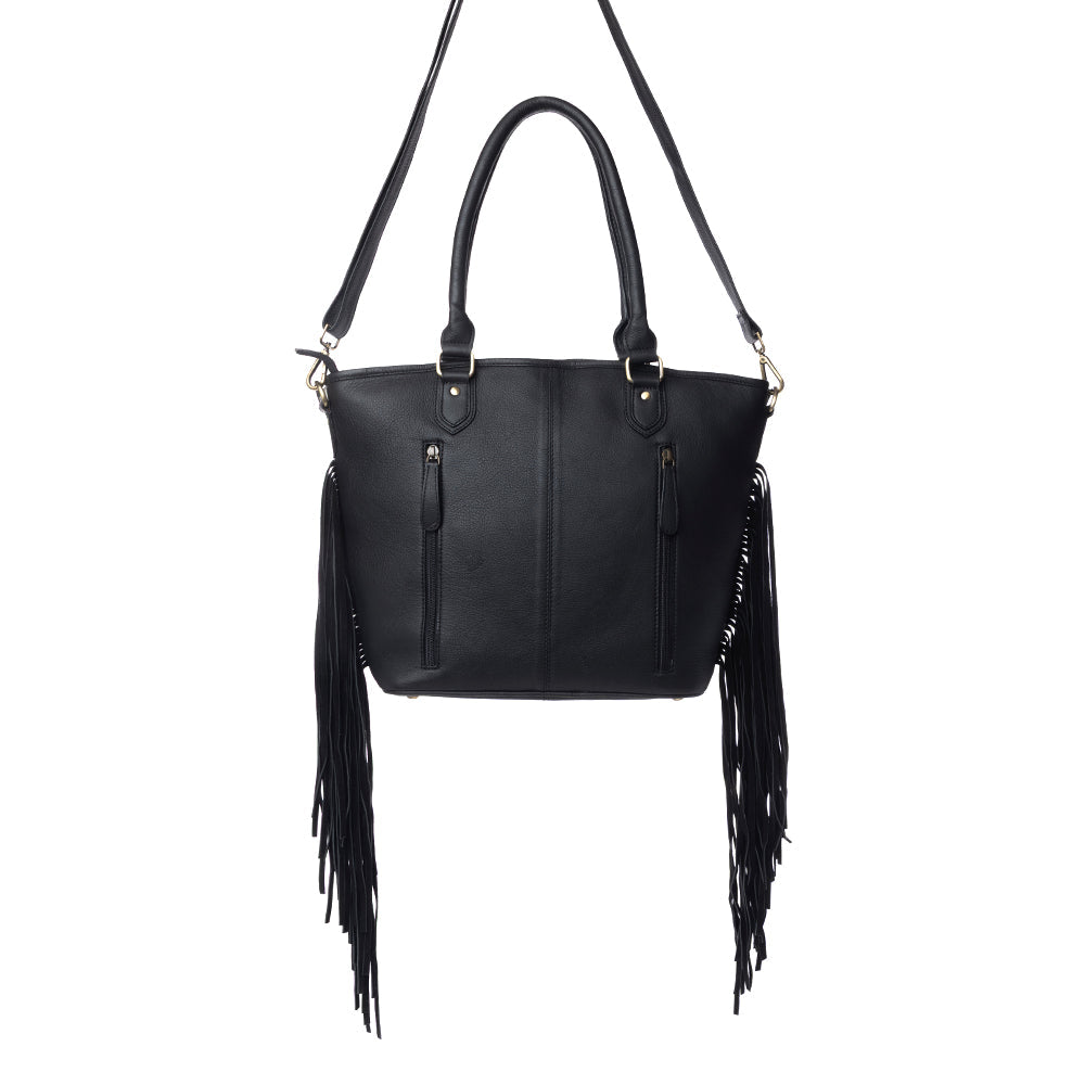 Myra High Plains Hairon Leather Concealed Fringe Carry Bag in Ebony Bone - Myra USA