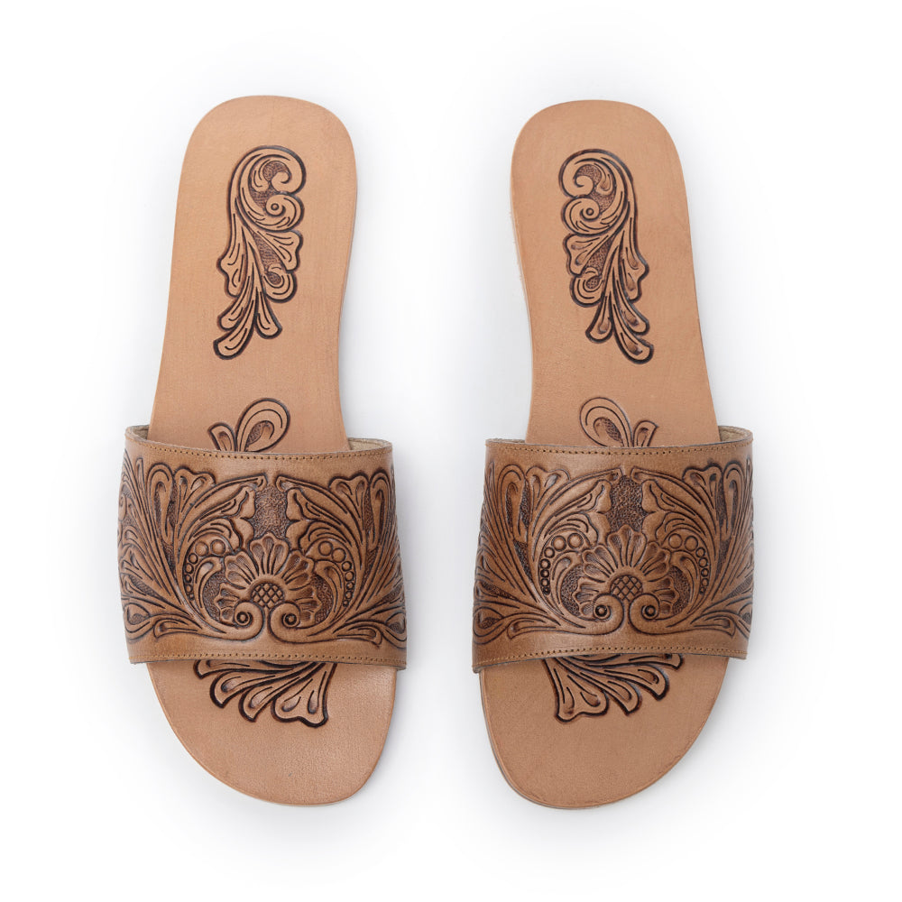 Myra Cactus Lace Handtooled Leather Sandals in Charred Brown - Myra USA