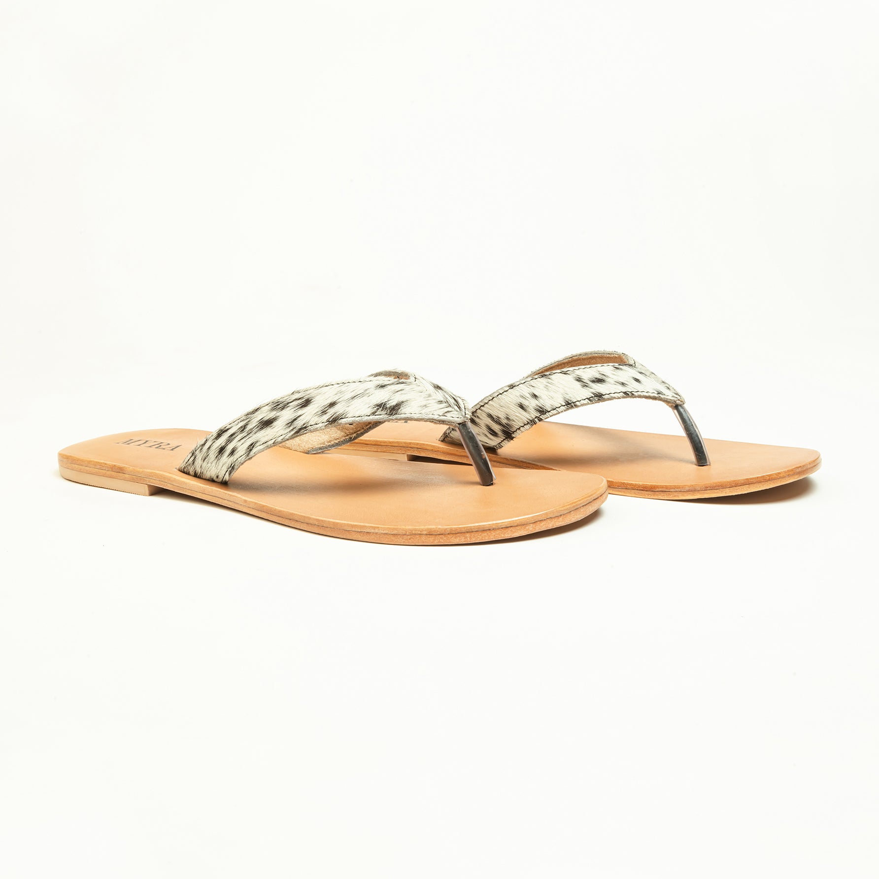 Myra Echo Valley Hairon Leather Sandals in Spotted Ivory