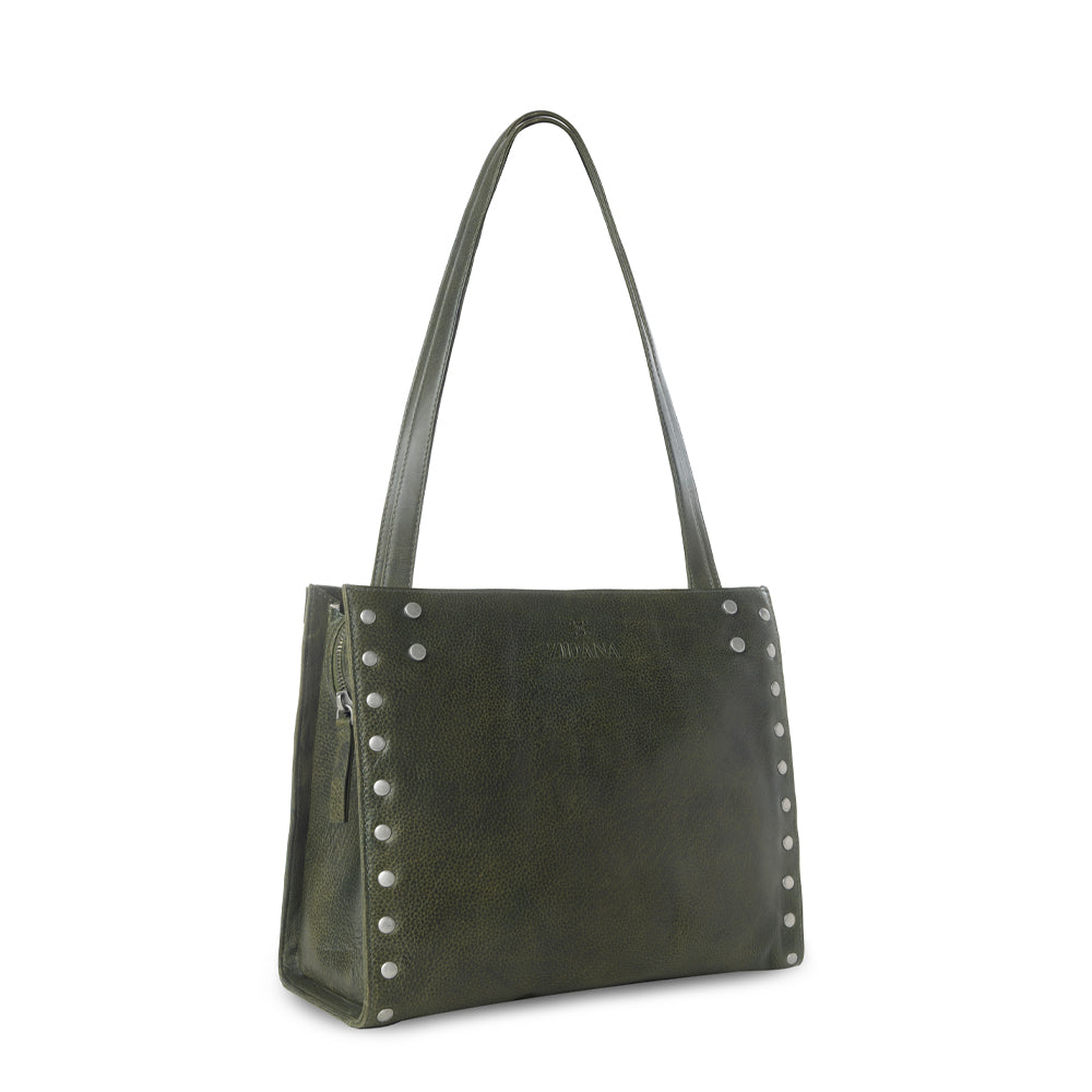 Myra Zidana Aria Amethyst Veg Tanned Leather Tote Bag in Dark Fern - Myra USA