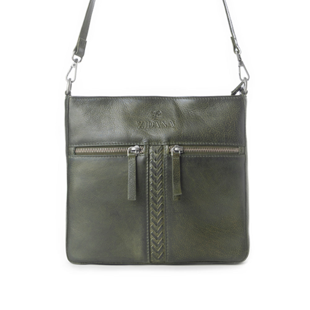 Myra Zidana El Paso Twin Veg Tanned Leather Crossbody Bag in Olive Grove - Myra USA