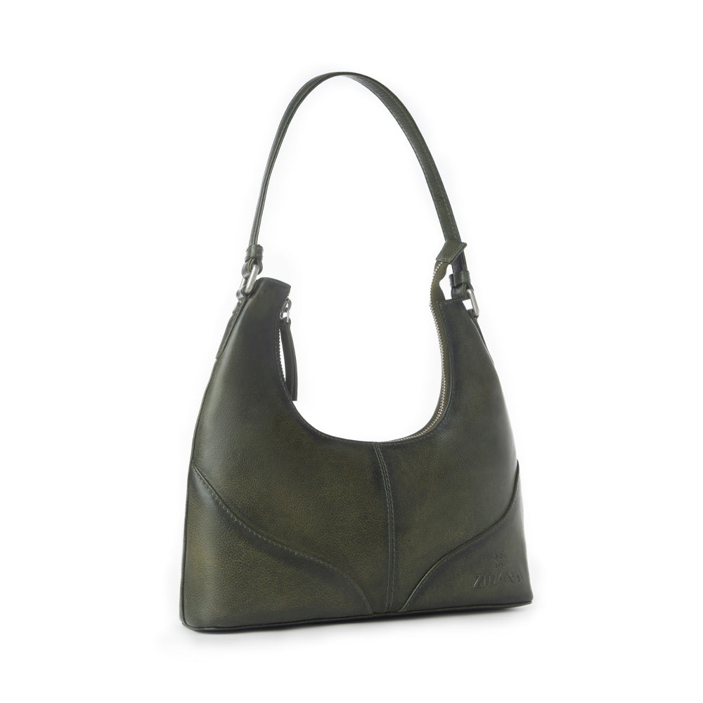 Myra Zidana Winchester Loop Veg Tanned Leather Shoulder Bag in Midnight Olive - Myra USA
