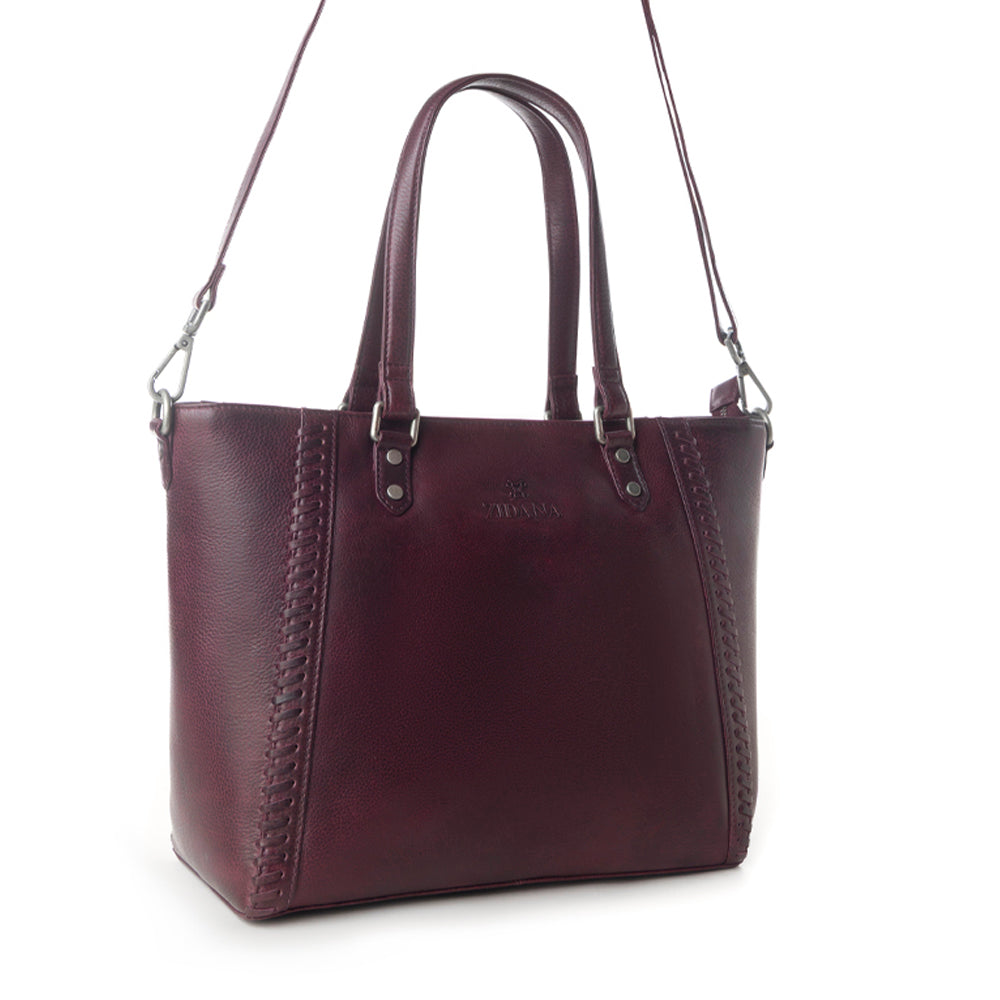 Myra Zidana Arista Bloom Veg Tanned Leather Handbag in Noire Berry - Myra USA