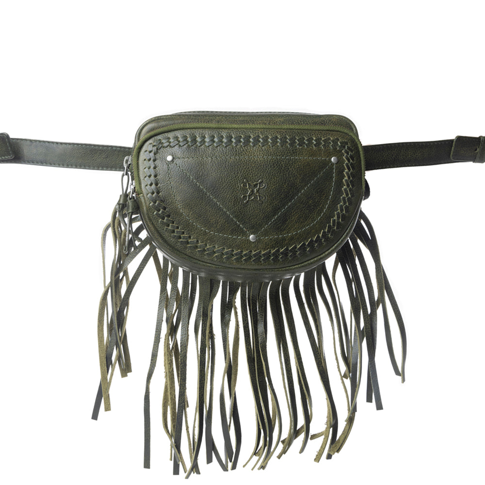Myra Zidana Stormy Trails Fringed Veg Tanned Leather Bag in Dusty Pine - Myra USA