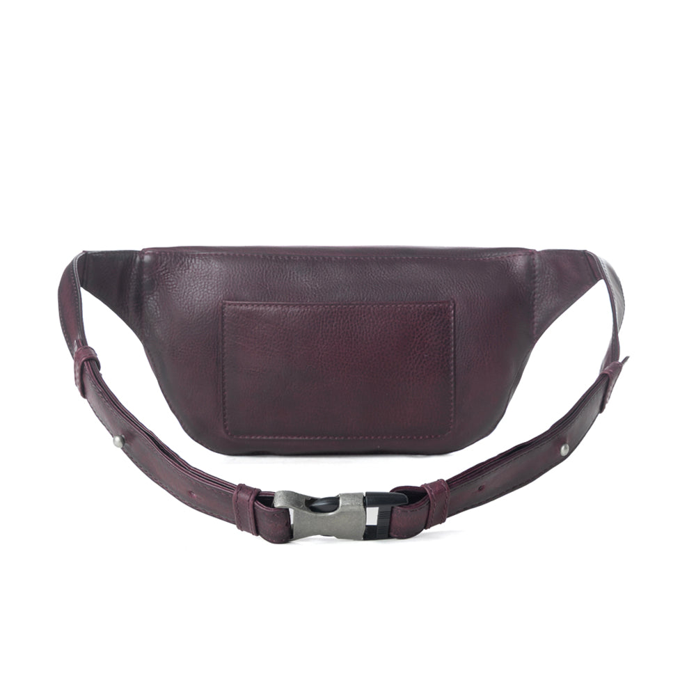 Myra Zidana Amarillo Handstitched Veg Tanned Leather Fanny Pack in Wildrose Plum - Myra USA