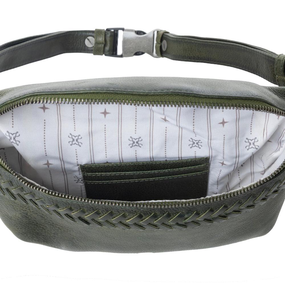 Myra Zidana Amarillo Handstitched Veg Tanned Leather Fanny Pack in Saddle Moss - Myra USA