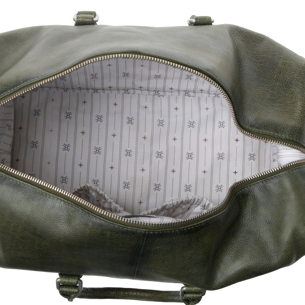 Myra Zidana Sundown Plains Veg Tanned Leather Traveller Bag in Sage Green - Myra USA