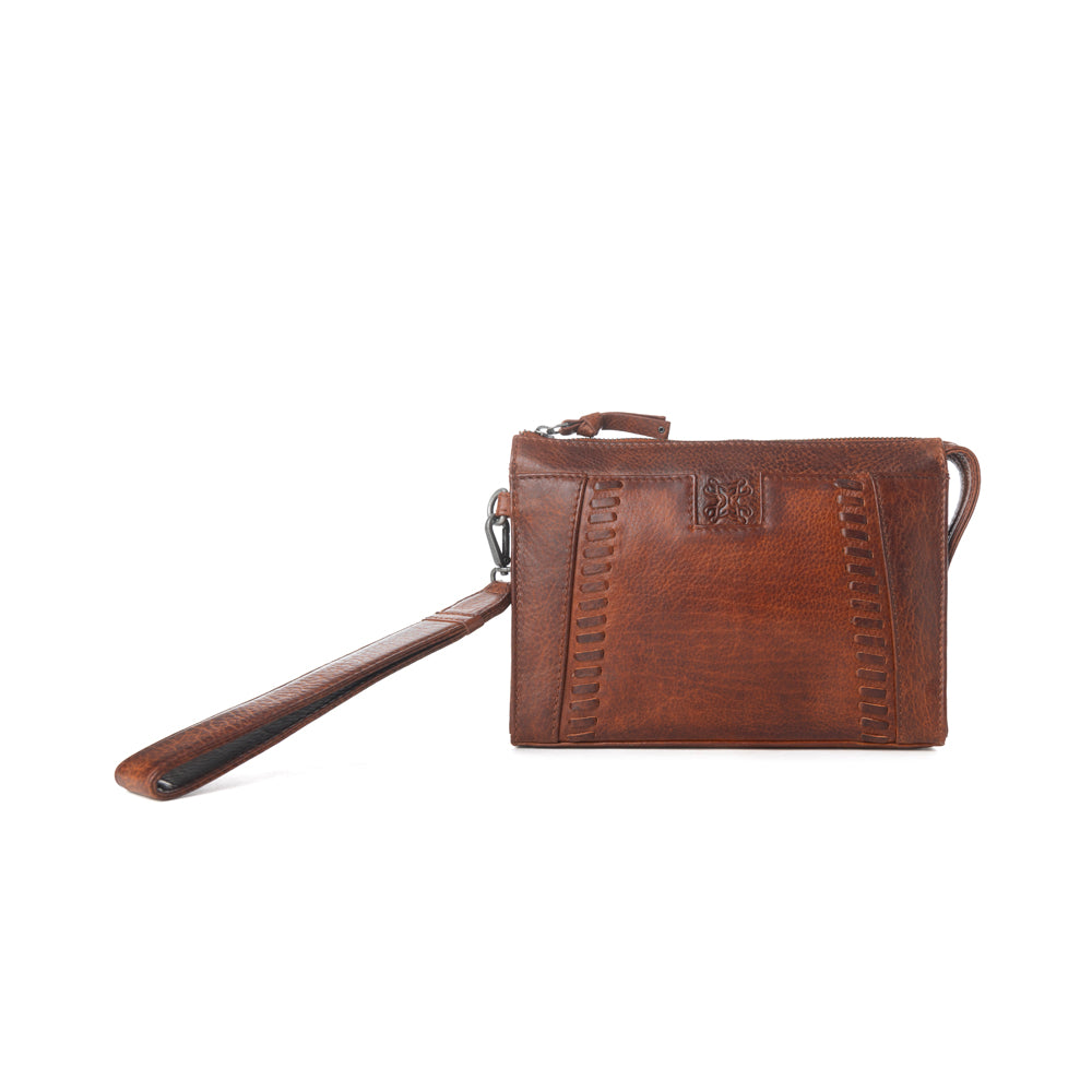 Myra Zidana Bandera Ridge Veg Tanned Leather Wristlet in Vintage Bourbon - Myra USA