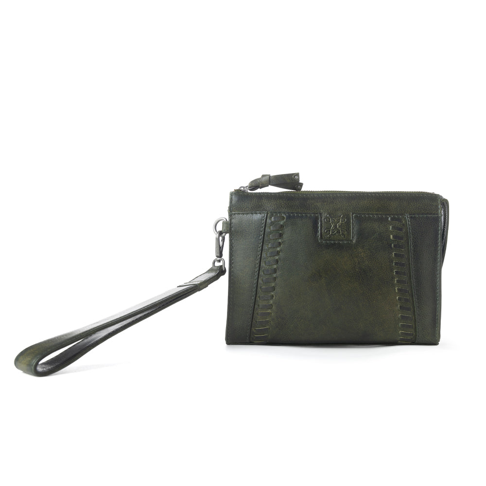 Myra Zidana Bandera Ridge Veg Tanned Leather Wristlet in Desert Pine - Myra USA