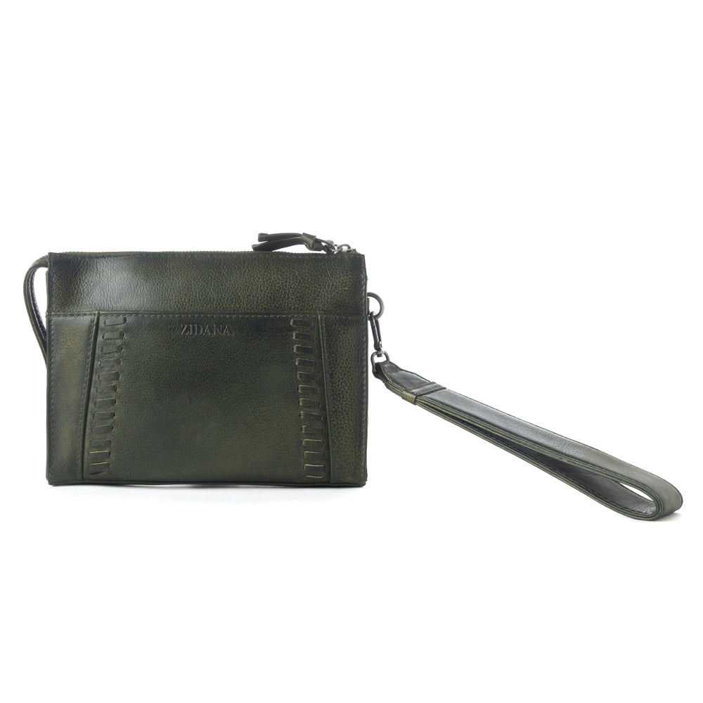 Myra Zidana Bandera Ridge Veg Tanned Leather Wristlet in Desert Pine - Myra USA