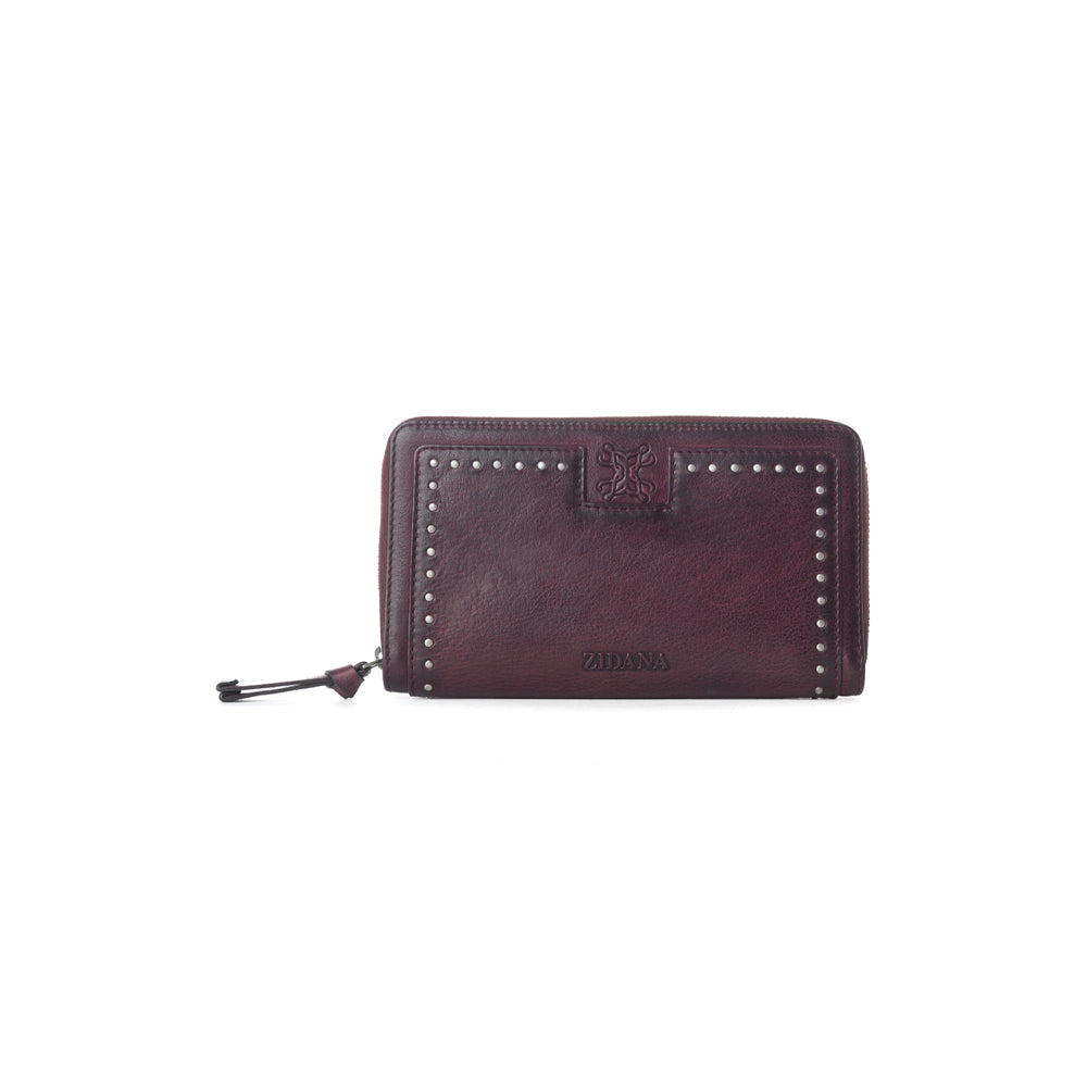 Myra Zidana Astra Studded Veg Tanned Leather Wallet in Mulberry Dusk - Myra USA