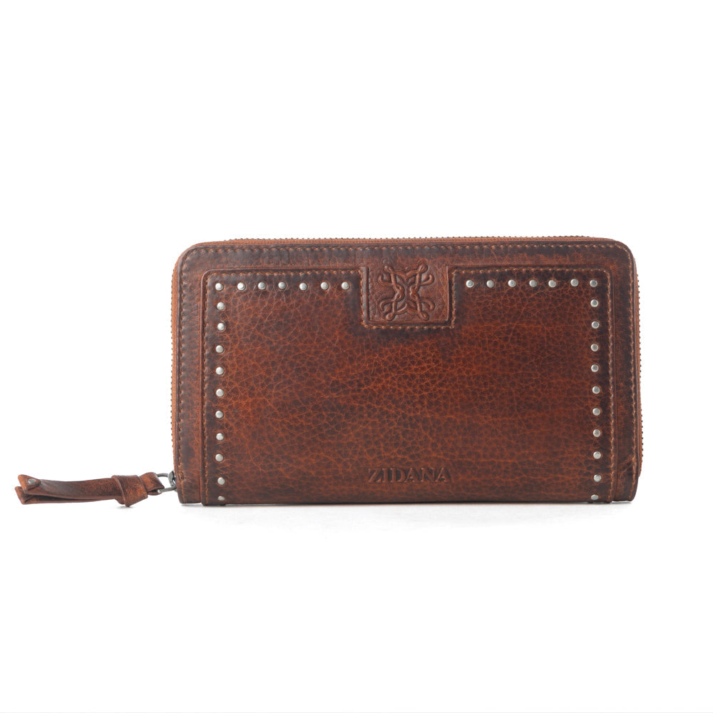 Myra Zidana Astra Studded Veg Tanned Leather Wallet in Ember Red - Myra USA