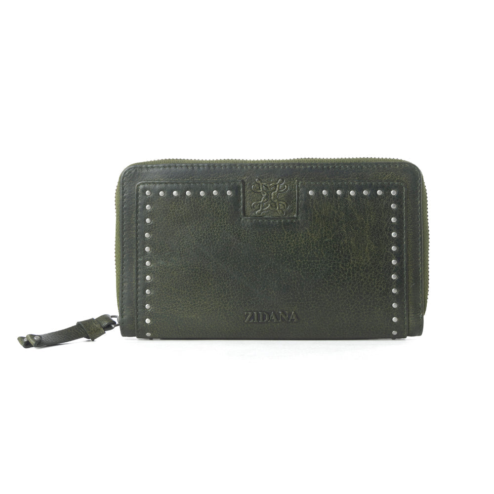 Myra Zidana Astra Studded Veg Tanned Leather Wallet in Velvet Moss - Myra USA
