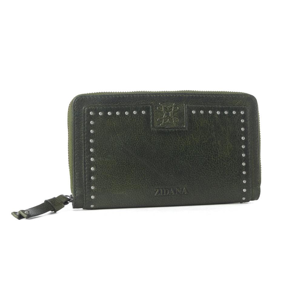 Myra Zidana Astra Studded Veg Tanned Leather Wallet in Velvet Moss - Myra USA