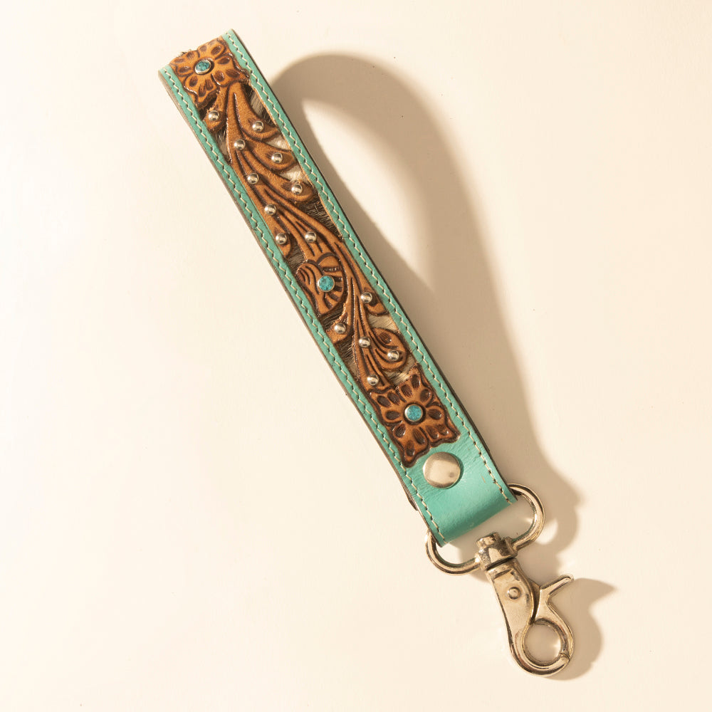 Myra River Glen Handtooled Hairon Leather Key Fob in Aqua Saddle - Myra USA