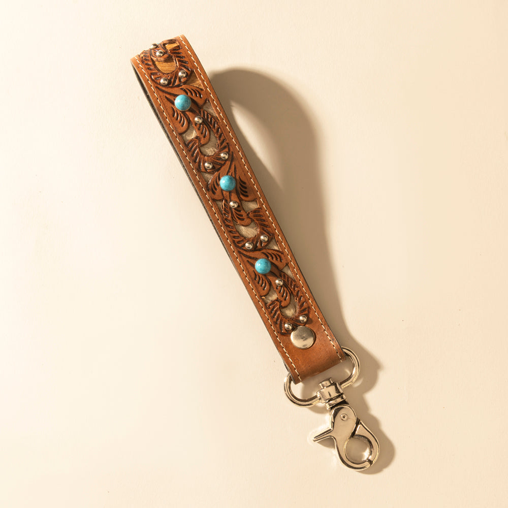 Myra River Glen Handtooled Hairon Leather Key Fob in Honey Turquoise - Myra USA