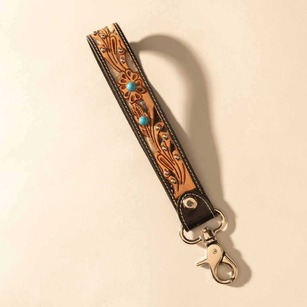 Myra River Glen Handtooled Hairon Leather Key Fob in Espresso Turquoise - Myra USA